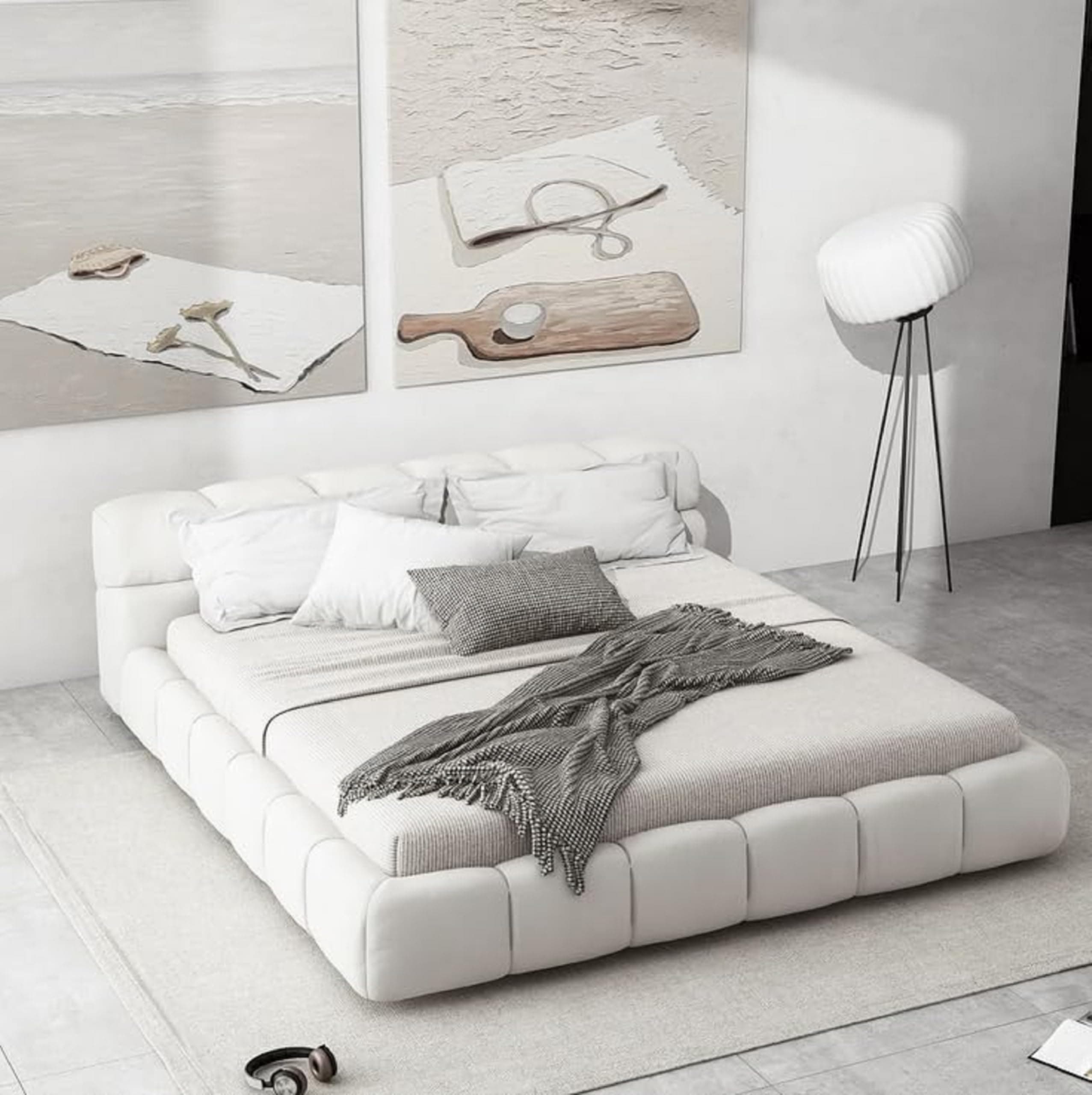 Modern Fabric Upholstered Bed Frame – Queen/King Size with Grey Square Headboard (No Mattress (White, 180X200cm)