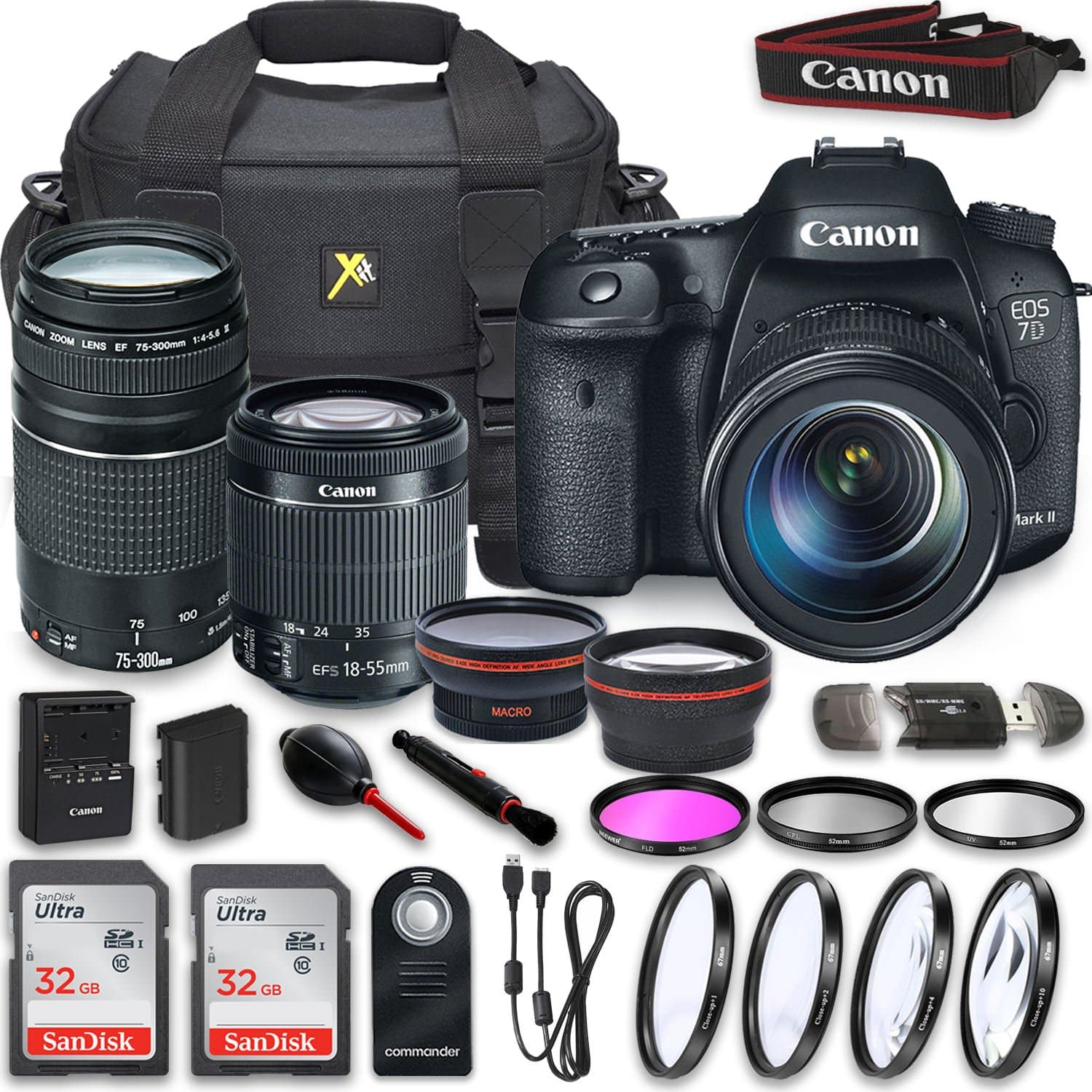 Canon EOS 7D Mark II DSLR Camera with Canon EF-S 18-55mm f/3.5-5.6 IS STM Lens + EF 75-300mm III Lens + 2 x 32GB SD + Bag Case + 3 PC Filter Kit + More, Accessory Bundle - International Version