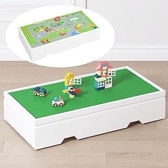 UTEX 3 in 1 Construction Play Table Compatible with Lego, Rolling Kids Activity Train Table with Storage and Wheels, Reversible Top Store Under Beds or Sofas