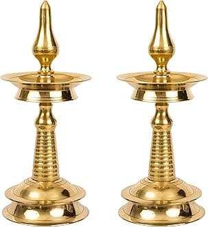 Traditional Brass Kerala Kuthu villaku Diya for Puja | Pooja Aarti | Arti Deepak Deepam Oil Lamp for Home Temple Puja Articles Decor Gifts- Kerala Villakku (10 inch, 2)