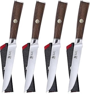5 Inch Steak Knife Set of 4 - Daimyo Series Japanese 440C Stainless Steel Serrated Steak Knives - Ergonomic Rosewood Handles Mosaic Pins - with Sheaths & Case