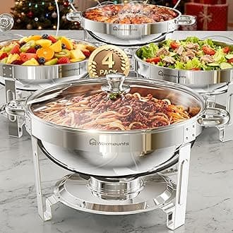 WARMOUNTS 4-Pack Chafing Dish Buffet Set, 98% Assembled 5QT Round Buffet Servers No Assembly Warmers Set, Stainless Steel Catering Food Warmer with Glass Lid & Holder for Party