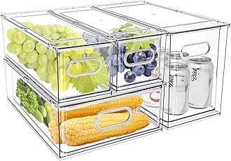 Fridge Drawer Pull Out Stackable Bins with Handle Clear Refrigerator Drawers Organizer Food Storage Container Box with Dividers Plastic Produce Saver for Pantry, Cabinet, Kitchen, Clothes（4Pack）