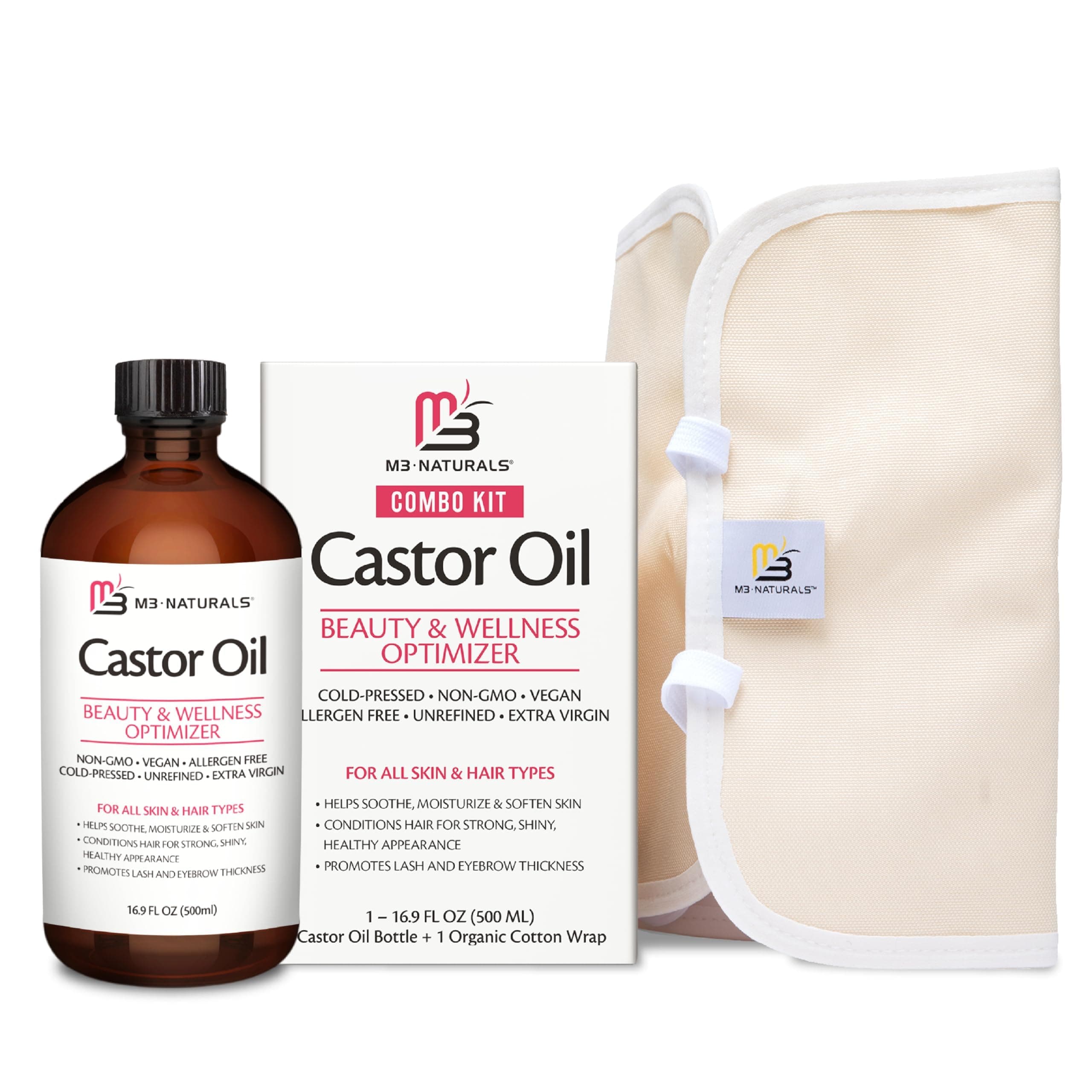 Pure Castor Oil Pack Kit, Large Hexane-Free Cold-Pressed in Glass Bottle with Adjustable Reusable Organic Cotton Wrap for Detox and Wellness (1 of Each) by M3 Naturals