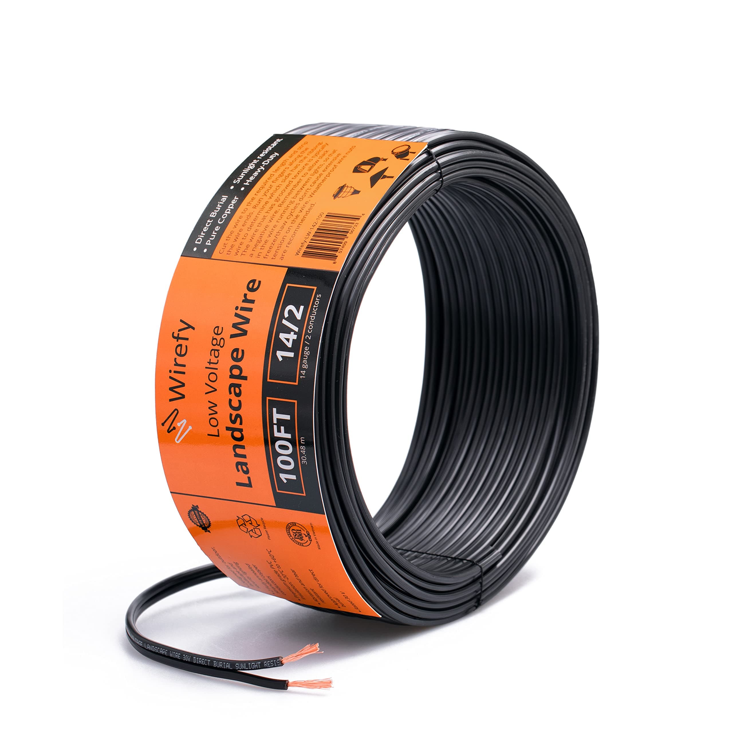 Wirefy 14/2 Low Voltage Landscape Wire 100 ft | Low Voltage Landscape Lighting Wire | Pure Copper | Outdoor Direct Burial | 14-Gauge 2-Conductor 100 Feet