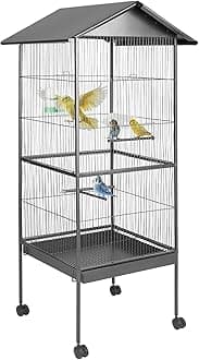 tectake® Large Bird Cage on Wheels with Pitched Roof, 2 Sliding Doors & Sand Tray, Incl. Feeding Station, Water Dispenser & 4 Perches, Ideal Cockatiel & Parrot Cage - 65 x 66 x 162 cm