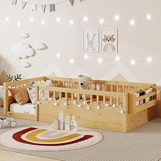 Mirightone Floor Bed for Kids, Twin Size Montessori Beds with High Fence Railings, Wood Playhouse Bed with Rails, Light & Storage for Baby Boys Girls Teens, No Slats Included, Natural