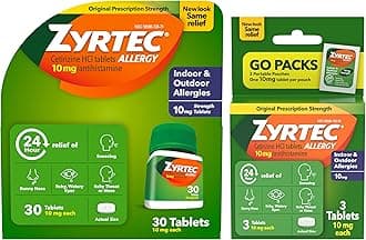 Zyrtec 24 Hour Allergy Relief Tablets, Fast-Acting Allergy Medicine for Indoor & Outdoor Allergies, Cetirizine 10 mg Tablet Antihistamine, 30 ct Bottle & 3 Single-Dose Travel Packs Bundle Pack