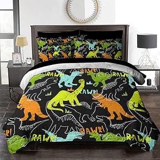 BlessLiving Dinosaur Bed in A Bag King Boy Comforter Set 8 Pieces Dino Bedding Set Green Yellow and Orange (1 Comforter, 2 Pillowcases, 2 Pillow Shams, 1 Flat Sheet, 1 Fitted Sheet, 1 Cushion Cover)
