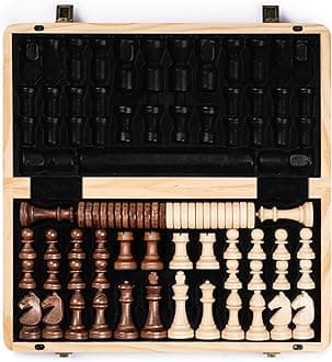 A&A 15" Magnetic Wooden Chess Set/Folding Board / 3" King Height German Knight Staunton Chess Pieces/Mahogany & Maple Inlaid /2 Extra Queen