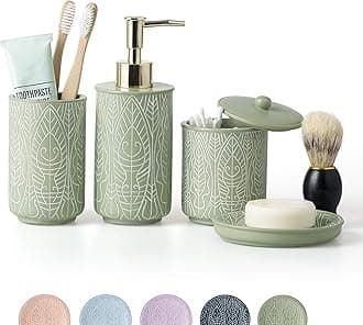 VIRTUNE Premium Pastel Green Bathroom Accessory Set, Boho Decor. Includes Toothbrush Holder, Soap Dispenser, Tumbler, Trash Can. Green Plastic, Painted Finish