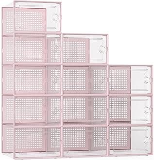 Kuject Large Shoe Organizers Storage Boxes for Closet 12 Pack, Clear Plastic Stackable Sneaker Containers Bins with Lids, Great Substitute for Shoe Rack, Space Saving for Entryway, Under Bed, Pink