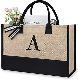 TOPDesign Initial Jute/Canvas Tote Bag, Personalized Present Bag, Suitable for Wedding, Birthday, Beach, Holiday, is a Great Gift for Women, Mom, Teachers, Friends, Bridesmaids