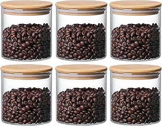 Glass storage jars with wooden lid - 685 ml, Food Storage Containers Set with Air tight bamboo lid Spice Jars Set Candy, Cookie, Rice, Sugar, Flour, Pasta, Nuts (685ML JARS, 6 PCS)