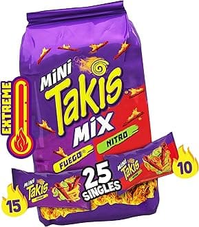 Takis Mini Fuego and Nitro Rolled Tortilla Chips, Hot Chili Pepper and Lime and Habanero and Lime Artificially Flavored, 25 Individual Snack Packs, 1.23 Ounces Each, Net Weight of 30.75 Ounces