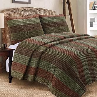 Hand Piecing Rhett Dark Brown Sage Green Bold Striped Velvet Reversible Quilt Bedding Set, Coverlet, Bedspread for All Seasons (Brown Sage, Queen - 3 Piece)