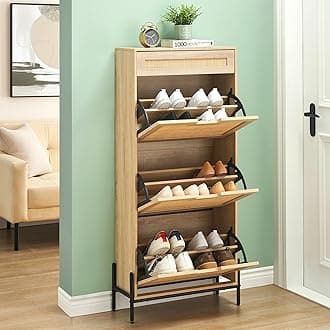 coucheta 3 Flip Drawers Shoe Storage Cabinet with 1 Drawer, Rattan Shoe Organizer with Metal Legs, Freestanding Narrow Shoe Rack Cabinet for Entryway, Oak