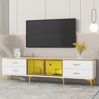Merax Stylish LED TV Stand for Televisions Up to 78'', Entertainment Center with Brown Glass Storage Cabinet, Marble-veined Table Top, Golden Legs & Handles for Living Room, White
