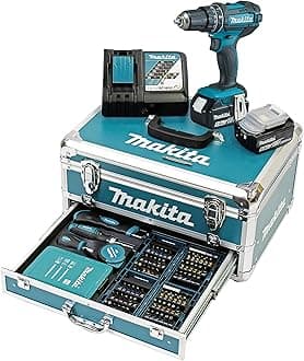 DHP482RFX9 Impact Drill 18 V / 3.0 Ah 2 Batteries Plus Charger in Aluminium Case, Petrol Blue, 96-Piece Accessory Set