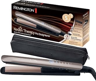 Remington Hair Straightener [Innovation: Heat Protection Sensor] Keratin Therapy (Keratin & Almond Oil Care, Ceramic, LCD Screen, 160-230°C, Pouch) Straightening Iron S8593