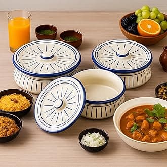 Ceramic Biryani Handi Set with lid, Blue White Handpainted Rice Pot for Serving dal, Curry |Set of 3 | 1250 ML, 900 ML, 600 ML (Microwave Safe), Best for Gifting, Gift for mom