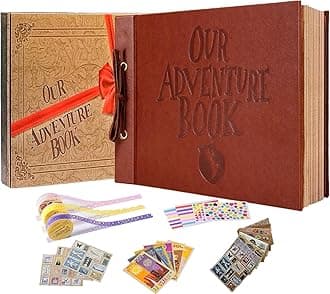 Adventure Book Handcrafted 11.92 x 7.62" Leather-Bound Scrapbook with 80 Pages, Embossed Lettering, Inspired by 'Up', Ideal for Photos, Weddings&Travel Memories Gift Box Included (Leather Scrapbook)