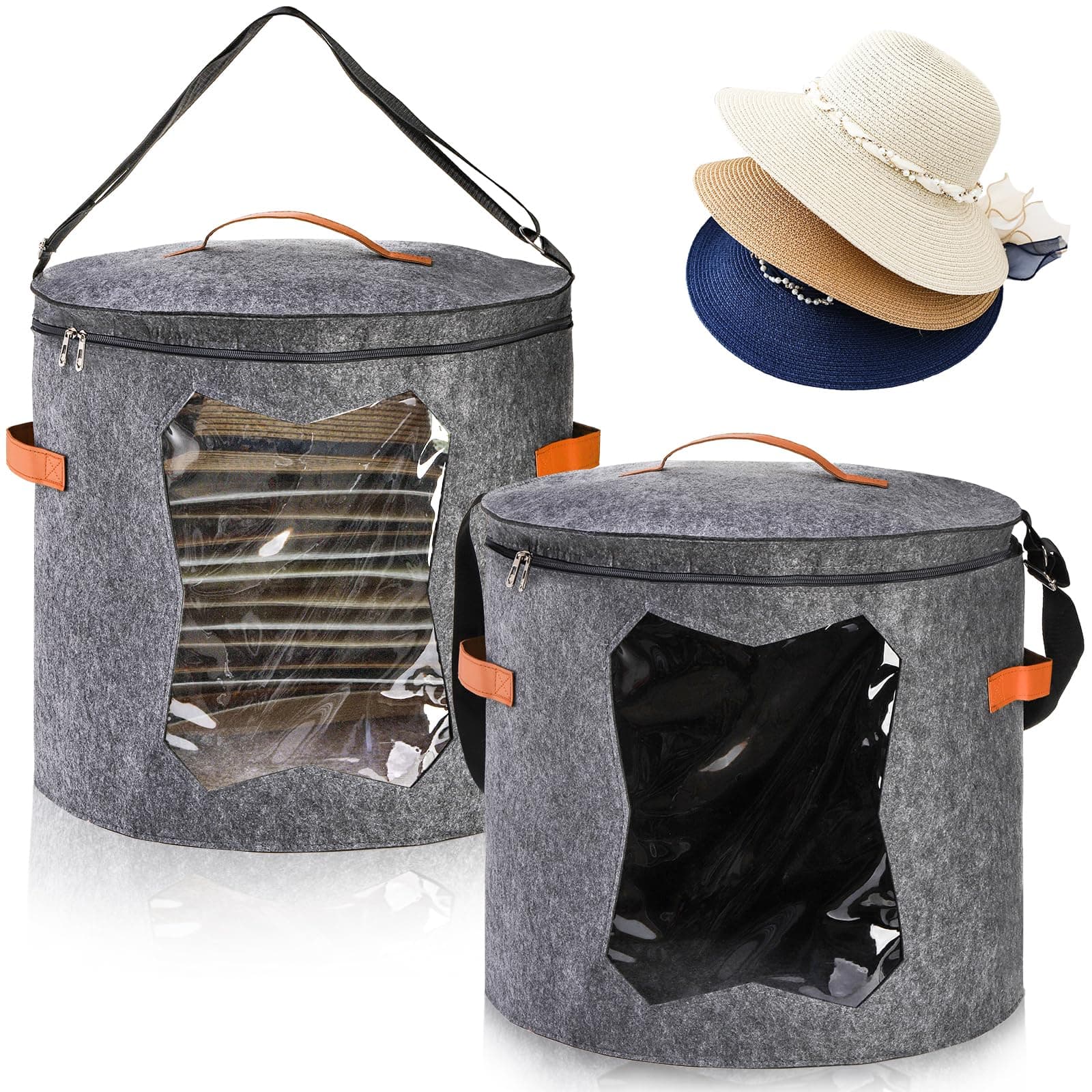 Yopay 2 Pack Hat Boxes for Women Storage, Oversized Round Travel Hat Container with Dust Proof Lid Window, Foldable Stuffed Toys Clothes Hats Storage Organizer Bag Bin, Adjustable Shoulder Strap