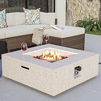 Outdoor Propane Fire Pit Coffee Table w Square Faux Stone 35-inch Base, 50,000 BTU Stainless Steel Burner, Free Lava Rocks and Rain Cover
