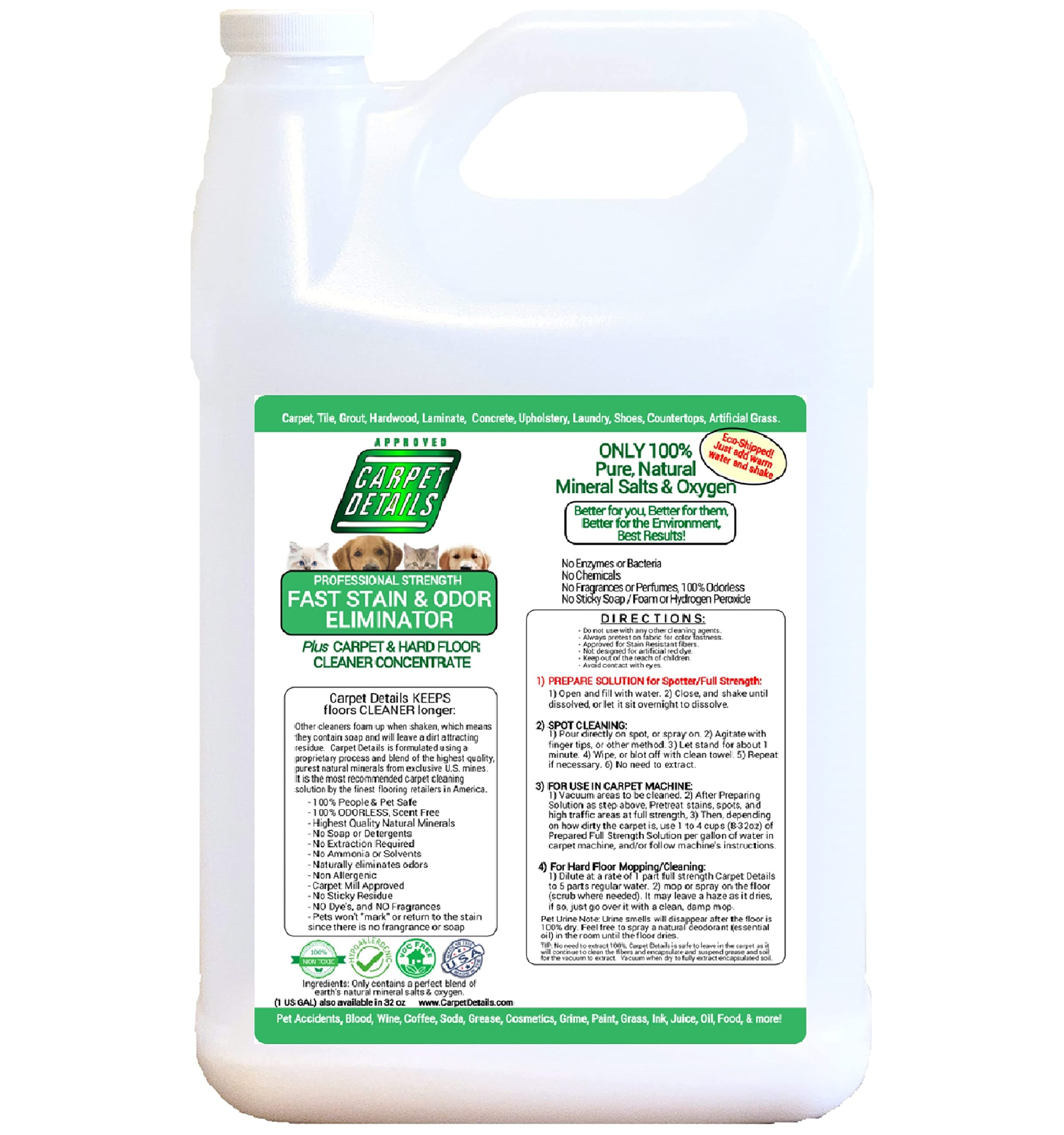 Carpet Stain Remover- Safe Natural Mineral Based Carpet Cleaner Solution- Use on Tile, Grout, Laminate and Wood Floors, and Carpet- Perfect Pet Carpet Cleaner- Gallon- Made in the USA