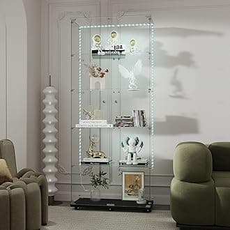 Modern Glass Display Cabinet 5-Shelf with LED Light, Lock and Wheels, 2 Door Curio Cabinets, Tempered Glass Collection Display Showcase for Living Room Home Office,Black