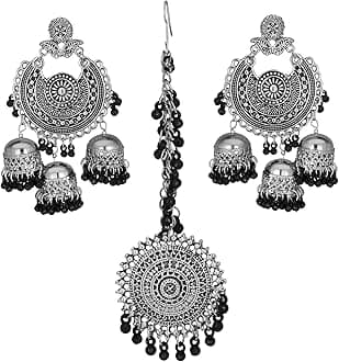 Jwellmart Indian Ethnic Partywear Traditional Oxidized SIlver Beaded Navratri Jhumka Jhumki Earrings with Maang Tikka Combo for Women