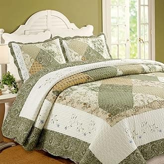 Cozy Line Home FashionsFloral Real Patchwork Green Beige Khaki Yellow Scalloped Edge Country 100% Cotton Quilt Bedding Set, Reversible Coverlet Bedspread for Women (Laura, Twin - 2 Piece)