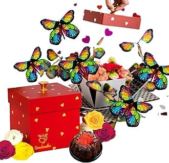 SendaCake Love Bundle Flying Butterfly Surprise Explosion Gift Box - Flower Shower & Delicious 3" Mini Cakes for Delivery - Gift for Girlfriend, Wife, Women