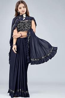 Dhyey fashion Fashionable Baby Girls Lycra Blend Saree with Velvet Unstitched Blouse Piece | Readymade Saree For Girls | Sarees For Girls