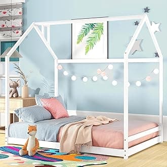 Bellemave Kids Montessori Floor Bed,Full Size House Bed with Fence,Wooden Floor Bed for Kids,Full Bed Frame for Girls,Boys(Full,White)