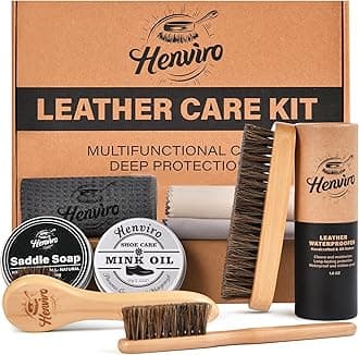 Henviro Leather Boot Care Kit - 9 PCS Saddle Soap, Mink Oil, Shoe Brushes, Waterproofing Wax, and More for Leather Boot care and Cleaning, Leather Care Gift for Men Women Him Husbands Dads