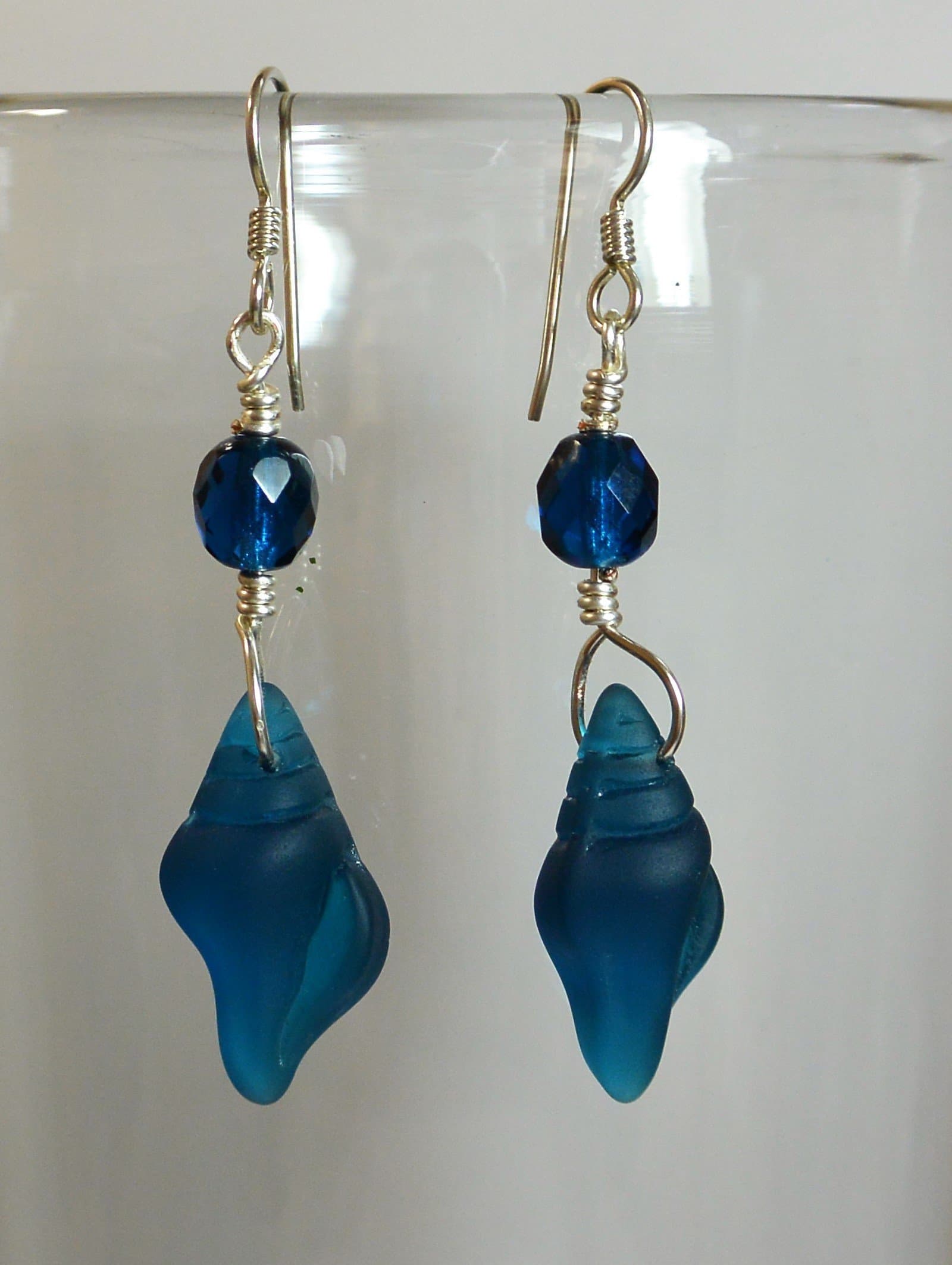 Beach Glass Conch Shell & Silver Earrings