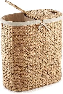 Oval Laundry Hamper with Lids and Removable Liner Bags - Natural, Woven Water Hyacinth 2-Section Laundry Basket Sorter for Clothes and Towels