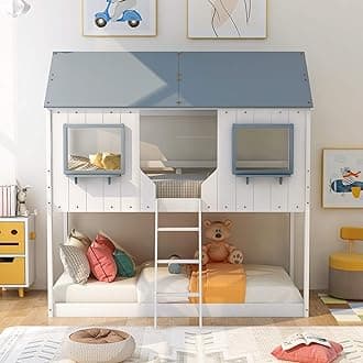 Harper & Bright Designs Kids House Bunk Bed Twin Over Twin, Wood Floor Bunk Bed with Roof, Window, Guardrail and Ladder, Low Bunk Beds for Kids, Teens, Girls, Boys,No Box Spring Needed, White + Gray