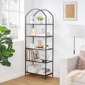 Homhedy Bookshelf Arched Display Racks,Metal Bookcase,Tempered Glass Shelves,Storage Rack Shelf for Home Office,Living Room,Bedroom, Bathroom,Modern Style (Black, 11.8" D x 23.6" W x 62.2" H)