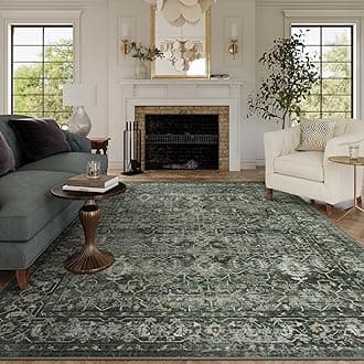 Lahome Boho Green Area Rugs 9x12 Living Room,Washable Large Rugs for Bedroom Aesthetic,Vintage Distressed Non Slip Low Pile Dining Room Rug Carpet for Home Office Playroom(9'x12',Green)