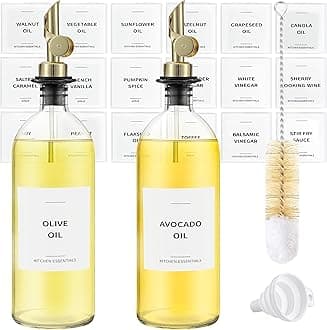Olive Oil Dispenser Bottle - Includes 55 Kitchen Essential Labels - Cooking Oil Bottles for Kitchen, Coffee Syrup Dispenser - Pourer Spout with 16.9 fl oz Glass Container Cruet - 2pcs, Gold