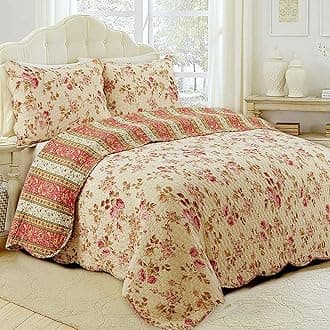 Cozy Line Home Fashions Floral Printed Reversible Cotton Quilt Bedding Set (Vintage Rose, Queen - 3 Piece)