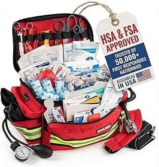 Scherber First Responder Fully-Stocked Professional Essentials EMT/EMS Trauma Kit | HSA/FSA Approved | Reflective Bag w/8 Zippered Pockets & Compartments & 200+ First Aid Supplies - Red