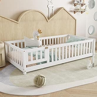 Twin Floor Bed with Slats, Fence and Door, Twin Size Montessori Floor Bed for Kids, Girls, Boys, Easy Assemble Montessori Bed Frame(Twin White)