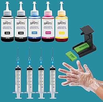 CMYKK Refill Kit with Suction Tool Combo Pack of High Yield Inkjet Cartridge Ink Refill Compatible Cartridge Printers - 100ml Per Bottle (Cyan, Magenta, Yellow, BlackX2)