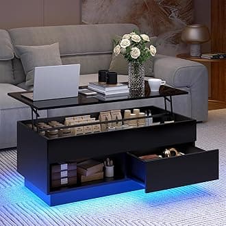 HOMMPA 40" Lift Top Coffee Table with Storage LED Coffee Table Morden High Gloss Living Room 3 Tiers Modern Tea Table with Storage Center Tables Hidden Compartment & Open Shelve & Drawer Black