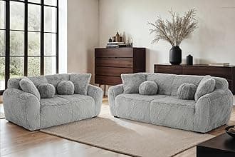 Fluffy Teddy Modern Living Room Sofa Set 3 + 2 Grey - 3 Seater Sofa + 2 Seater Sofa in Plush Fabric with Deep Seating and Fluffy Accent Cushions - MARSHMALLOW