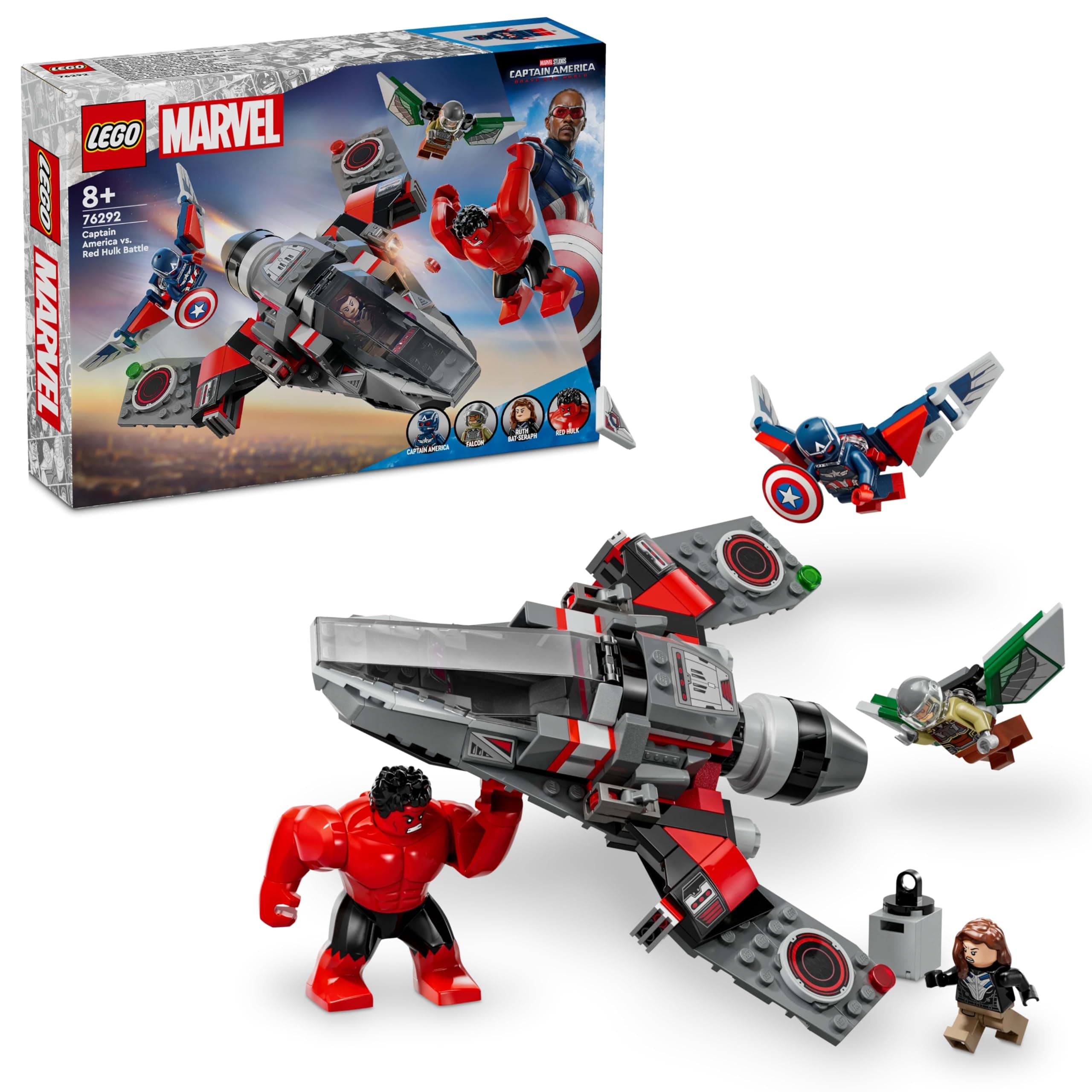 LEGO Marvel Captain America vs. Red Hulk Battle Set, Plane Building Toy with 4 Super Hero Minifigures Including Red Hulk and Falcon, Ramadan Gifts for 8 Plus Year Old Boys & Girls 76292