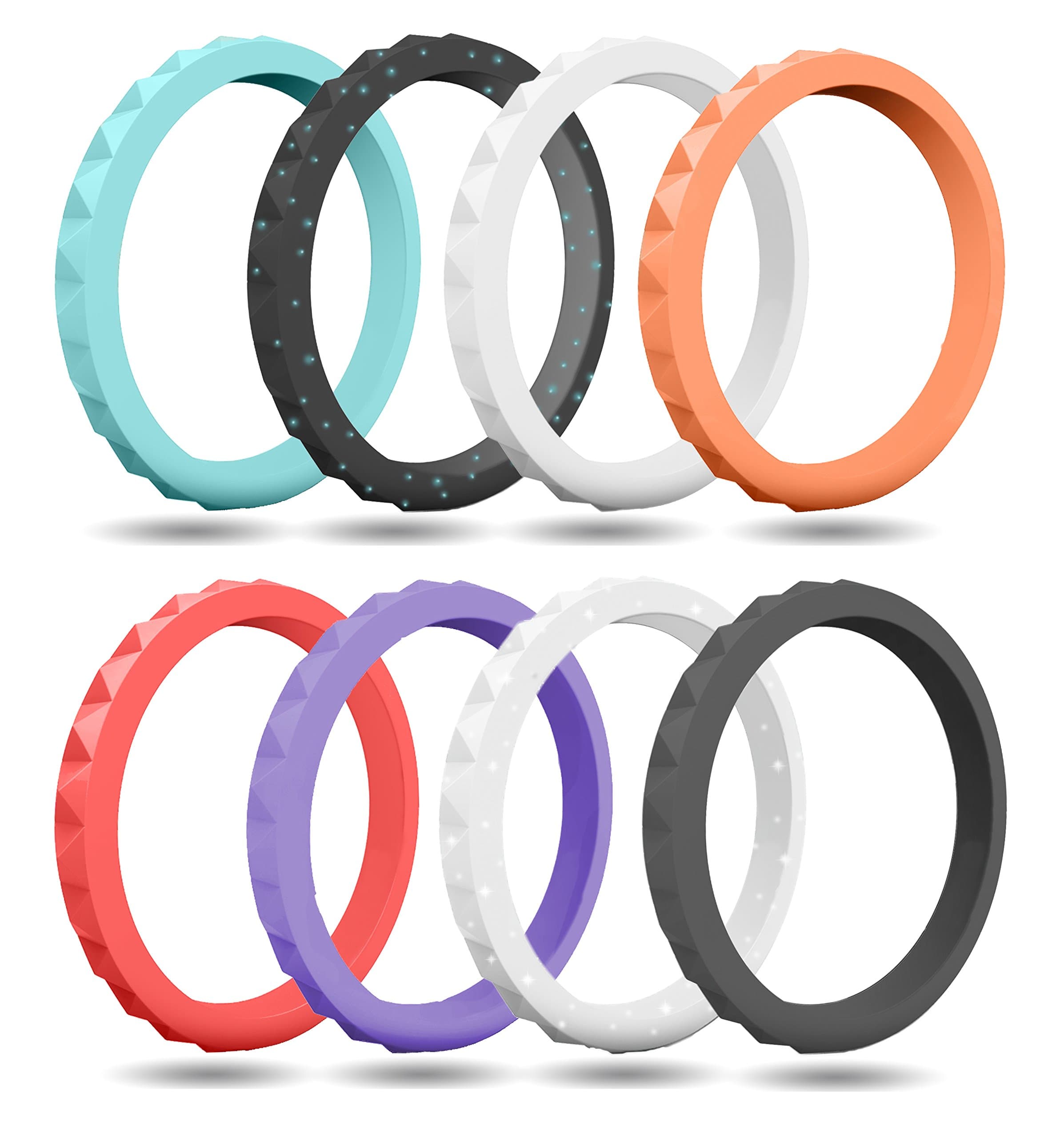 FluxActive Silicone Wedding Ring for Women (8 Pack) Stackable Thin Rubber Bands - Diamond Pattern Rings